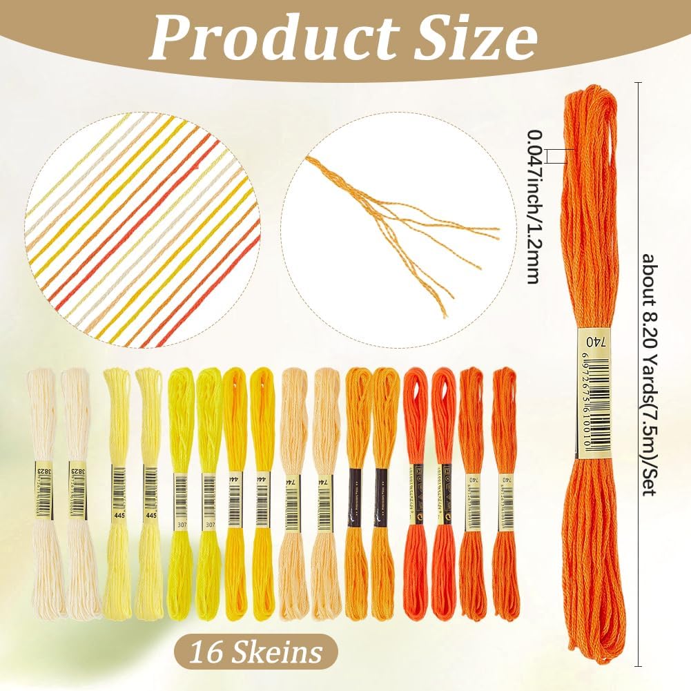 16 Skeins 131 Yards Multicolor Embroidery Thread Set 6 Ply 1.2mm Cotton Cross Stitch Embroidery Floss Friendship Bracelet String for Bracelet Making Knitting Stitching Sewing Crafts (Yellow)