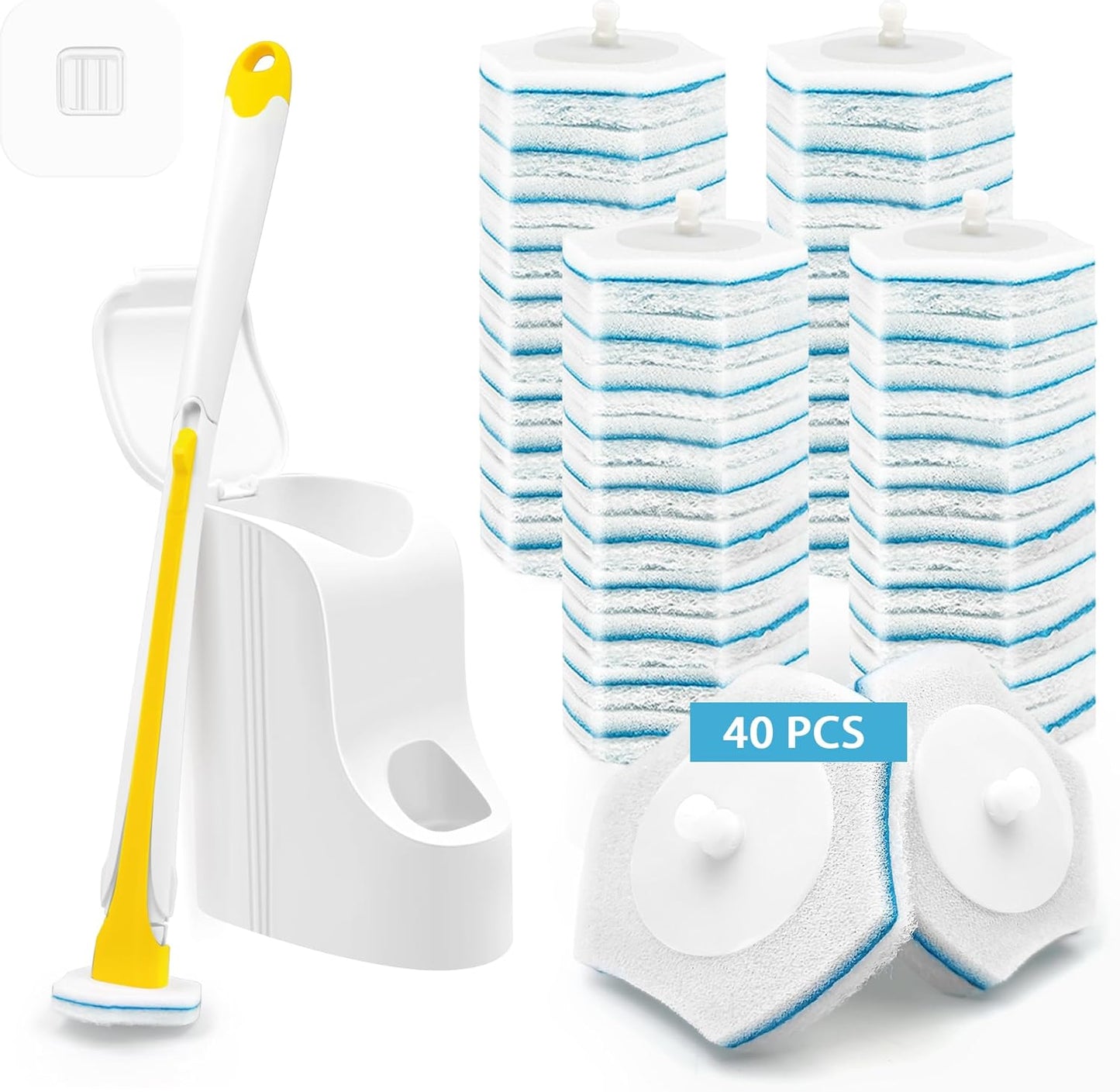 Disposable Toilet Brush with 40PCS Wand Cleaner Refills, Wall Mounted Toilet Bowl Brush Holder Set, Bathroom Cleaning System for Sink Bathtub Wash Basin (Yellow)