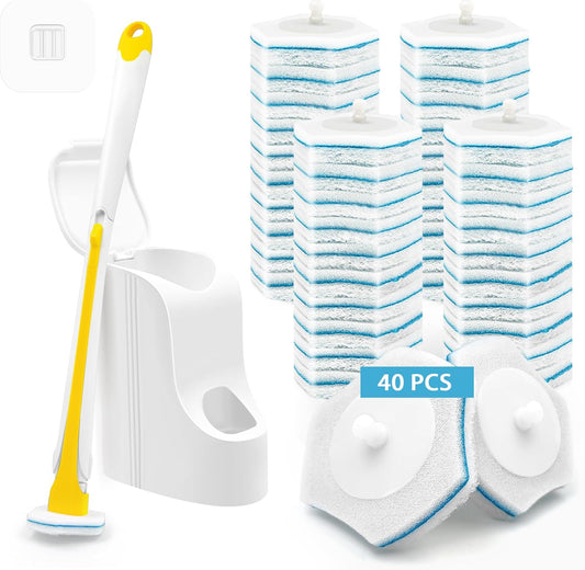Disposable Toilet Brush with 40PCS Wand Cleaner Refills, Wall Mounted Toilet Bowl Brush Holder Set, Bathroom Cleaning System for Sink Bathtub Wash Basin (Yellow)