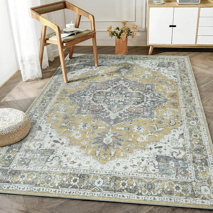 Washable Non-Slip 4' x 6' Rug - Yellow Traditional Medallion Area Rug for Living Room, Bedroom, Dining Room, and Kitchen - Exact Size: 4' x 6'