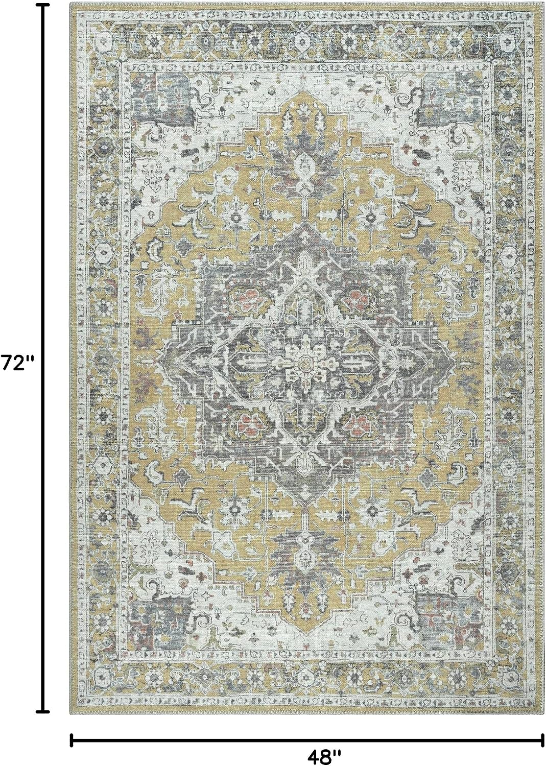 Washable Non-Slip 4' x 6' Rug - Yellow Traditional Medallion Area Rug for Living Room, Bedroom, Dining Room, and Kitchen - Exact Size: 4' x 6'
