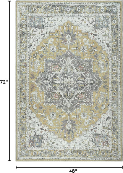 Washable Non-Slip 4' x 6' Rug - Yellow Traditional Medallion Area Rug for Living Room, Bedroom, Dining Room, and Kitchen - Exact Size: 4' x 6'