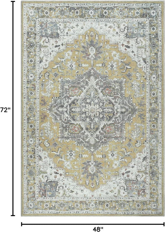 Washable Non-Slip 4' x 6' Rug - Yellow Traditional Medallion Area Rug for Living Room, Bedroom, Dining Room, and Kitchen - Exact Size: 4' x 6'