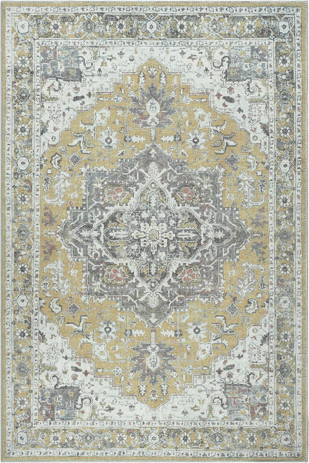 Washable Non-Slip 4' x 6' Rug - Yellow Traditional Medallion Area Rug for Living Room, Bedroom, Dining Room, and Kitchen - Exact Size: 4' x 6'