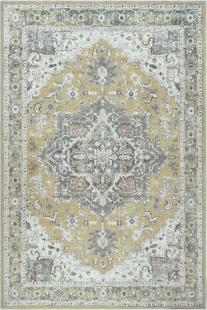 Washable Non-Slip 4' x 6' Rug - Yellow Traditional Medallion Area Rug for Living Room, Bedroom, Dining Room, and Kitchen - Exact Size: 4' x 6'
