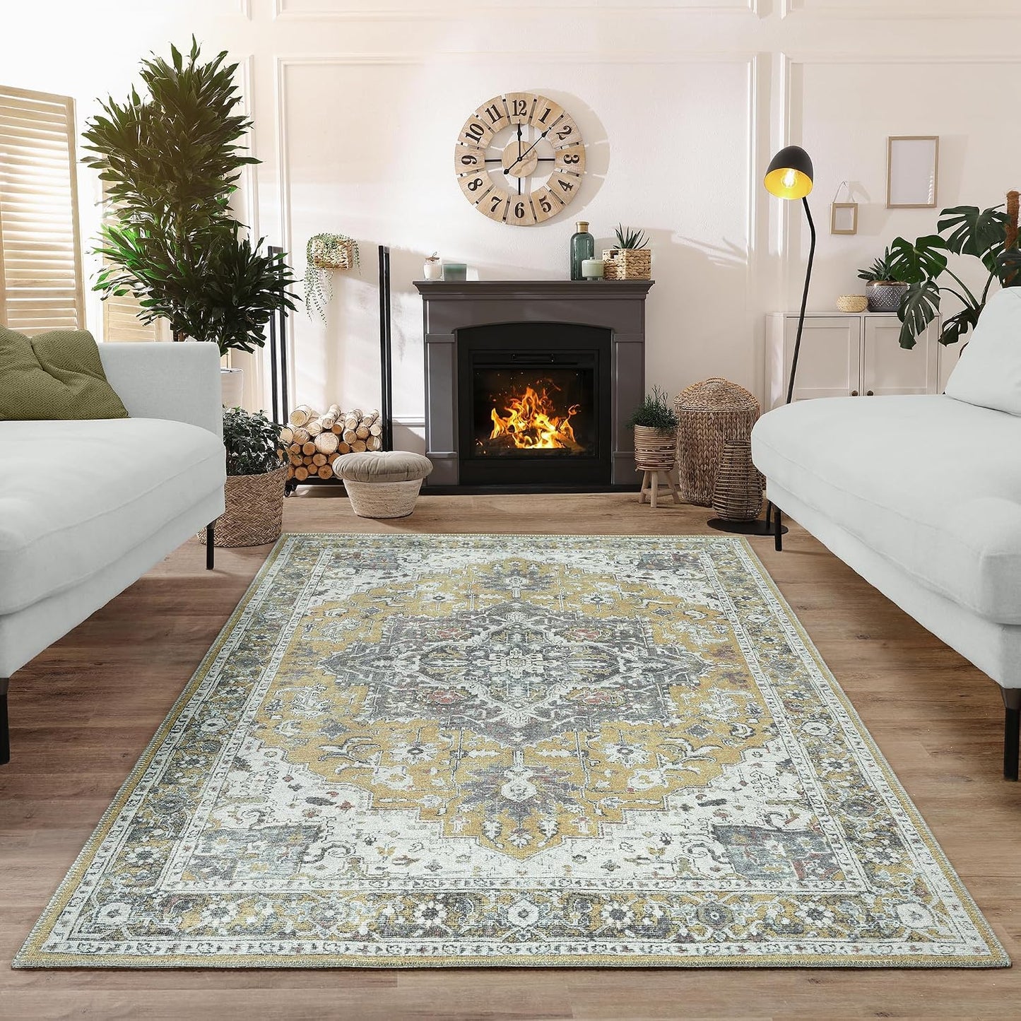 Washable Non-Slip 4' x 6' Rug - Yellow Traditional Medallion Area Rug for Living Room, Bedroom, Dining Room, and Kitchen - Exact Size: 4' x 6'