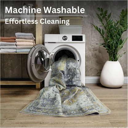Washable Non-Slip 4' x 6' Rug - Yellow Traditional Medallion Area Rug for Living Room, Bedroom, Dining Room, and Kitchen - Exact Size: 4' x 6'