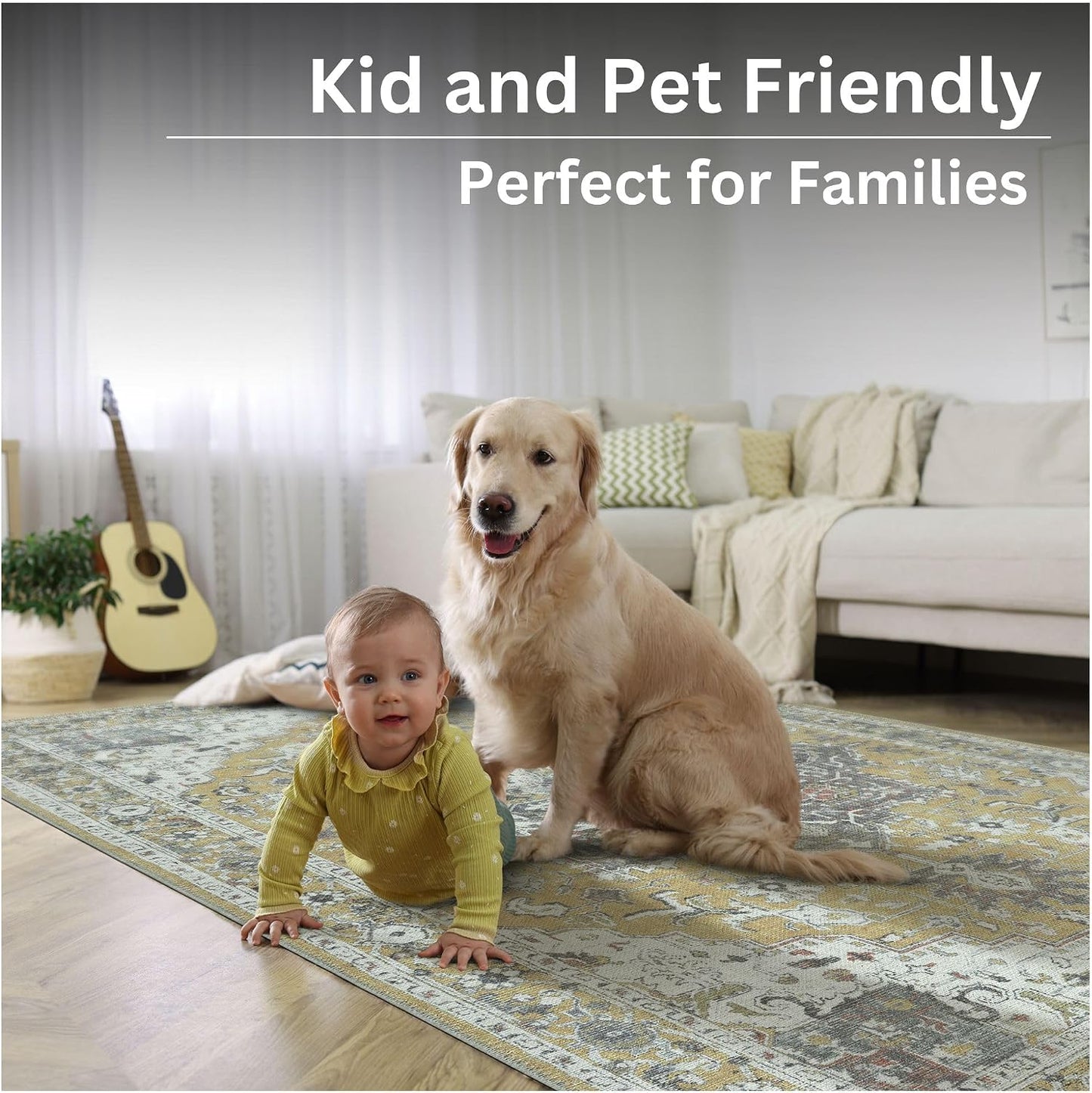 Washable Non-Slip 4' x 6' Rug - Yellow Traditional Medallion Area Rug for Living Room, Bedroom, Dining Room, and Kitchen - Exact Size: 4' x 6'