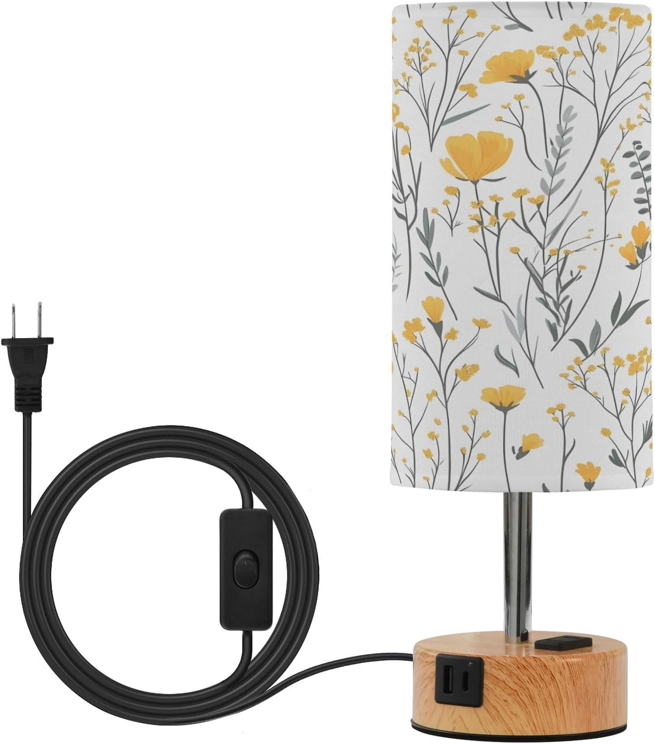 Yellow Flowers Bedside Table Lamp with USB - 3 Way Dimmable Touch Lamp with with Wood Base, Charging Station, Fabric Shade for Bedroom Nightstand