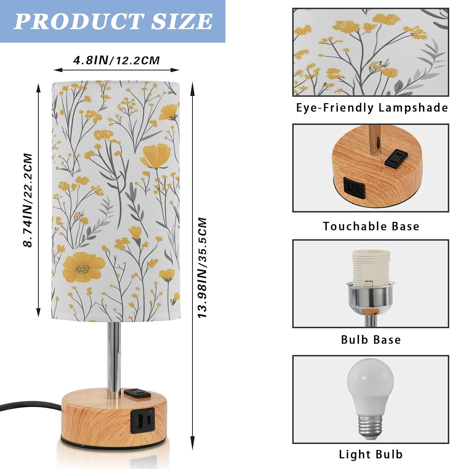 Yellow Flowers Bedside Table Lamp with USB - 3 Way Dimmable Touch Lamp with with Wood Base, Charging Station, Fabric Shade for Bedroom Nightstand