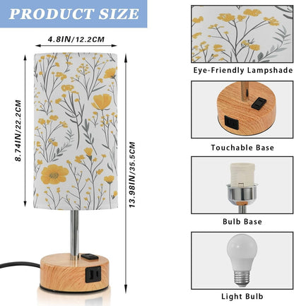Yellow Flowers Bedside Table Lamp with USB - 3 Way Dimmable Touch Lamp with with Wood Base, Charging Station, Fabric Shade for Bedroom Nightstand
