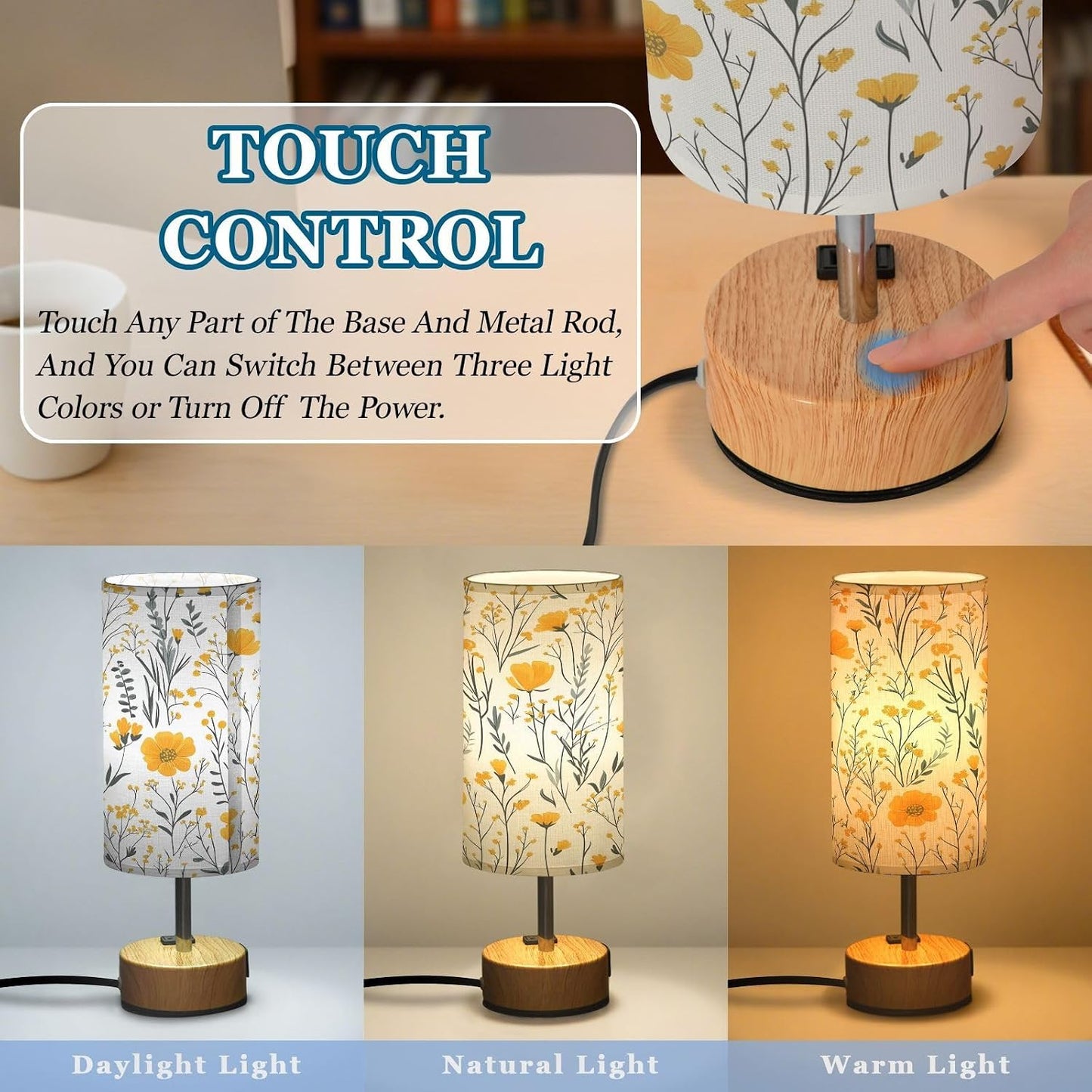 Yellow Flowers Bedside Table Lamp with USB - 3 Way Dimmable Touch Lamp with with Wood Base, Charging Station, Fabric Shade for Bedroom Nightstand