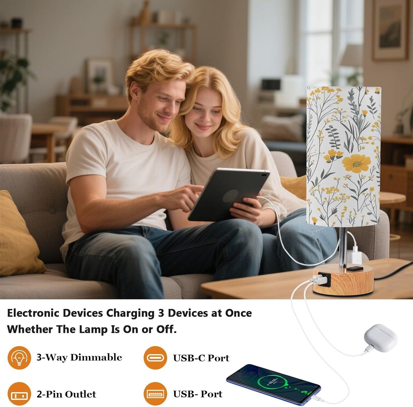 Yellow Flowers Bedside Table Lamp with USB - 3 Way Dimmable Touch Lamp with with Wood Base, Charging Station, Fabric Shade for Bedroom Nightstand
