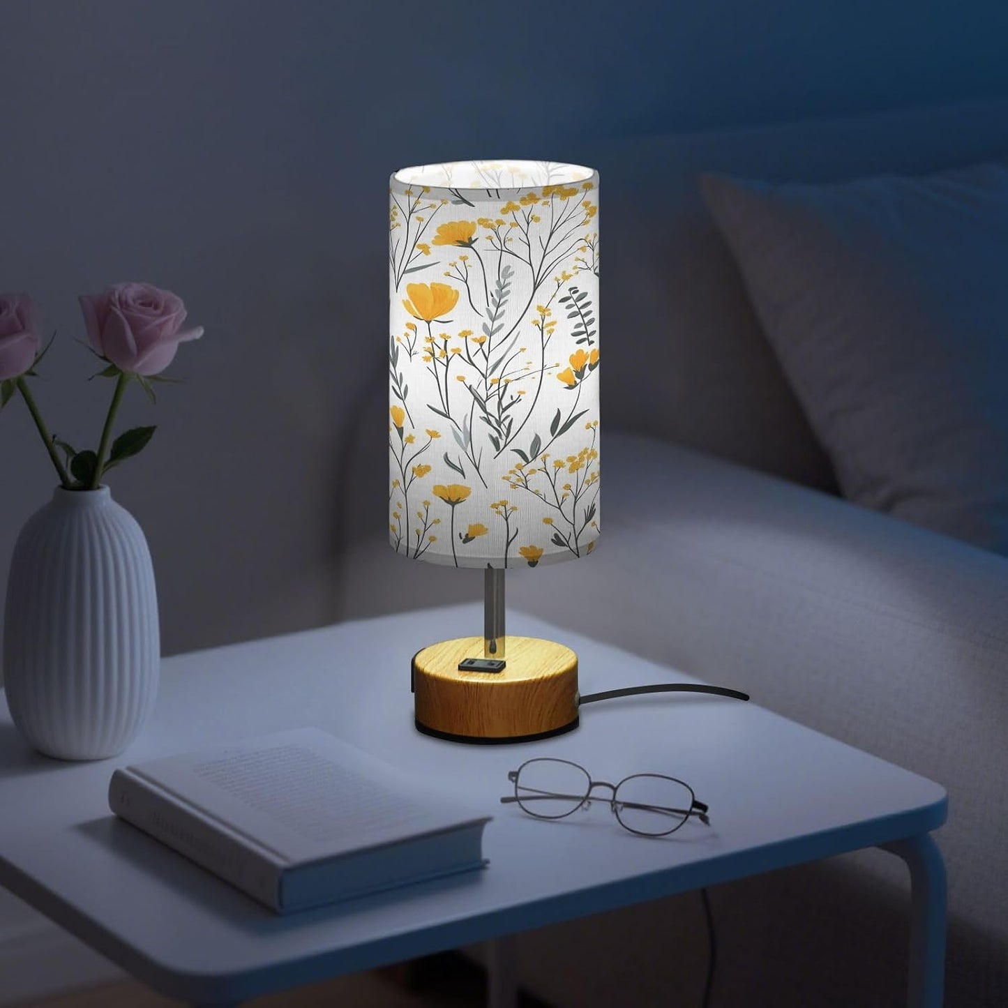 Yellow Flowers Bedside Table Lamp with USB - 3 Way Dimmable Touch Lamp with with Wood Base, Charging Station, Fabric Shade for Bedroom Nightstand