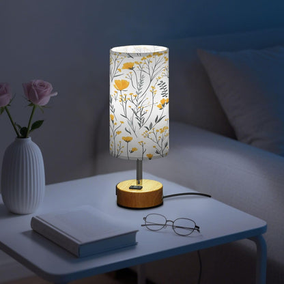 Yellow Flowers Bedside Table Lamp with USB - 3 Way Dimmable Touch Lamp with with Wood Base, Charging Station, Fabric Shade for Bedroom Nightstand