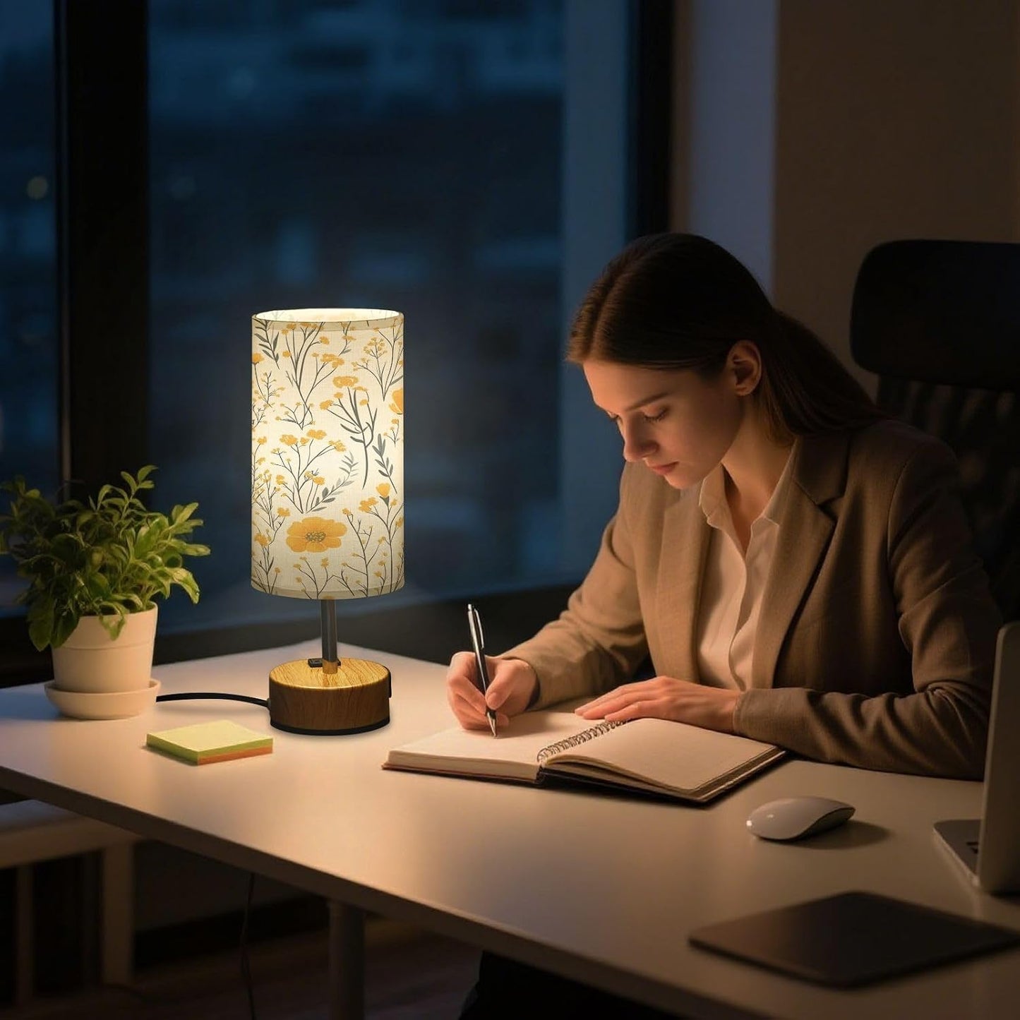 Yellow Flowers Bedside Table Lamp with USB - 3 Way Dimmable Touch Lamp with with Wood Base, Charging Station, Fabric Shade for Bedroom Nightstand