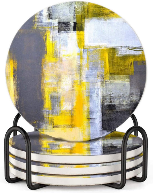Abstract Yellow Grey Drink Coasters with Holder, Ceramic Absorbent Coaster Sets of 4,Non-Slip Cork Base,Housewarming Gifts
