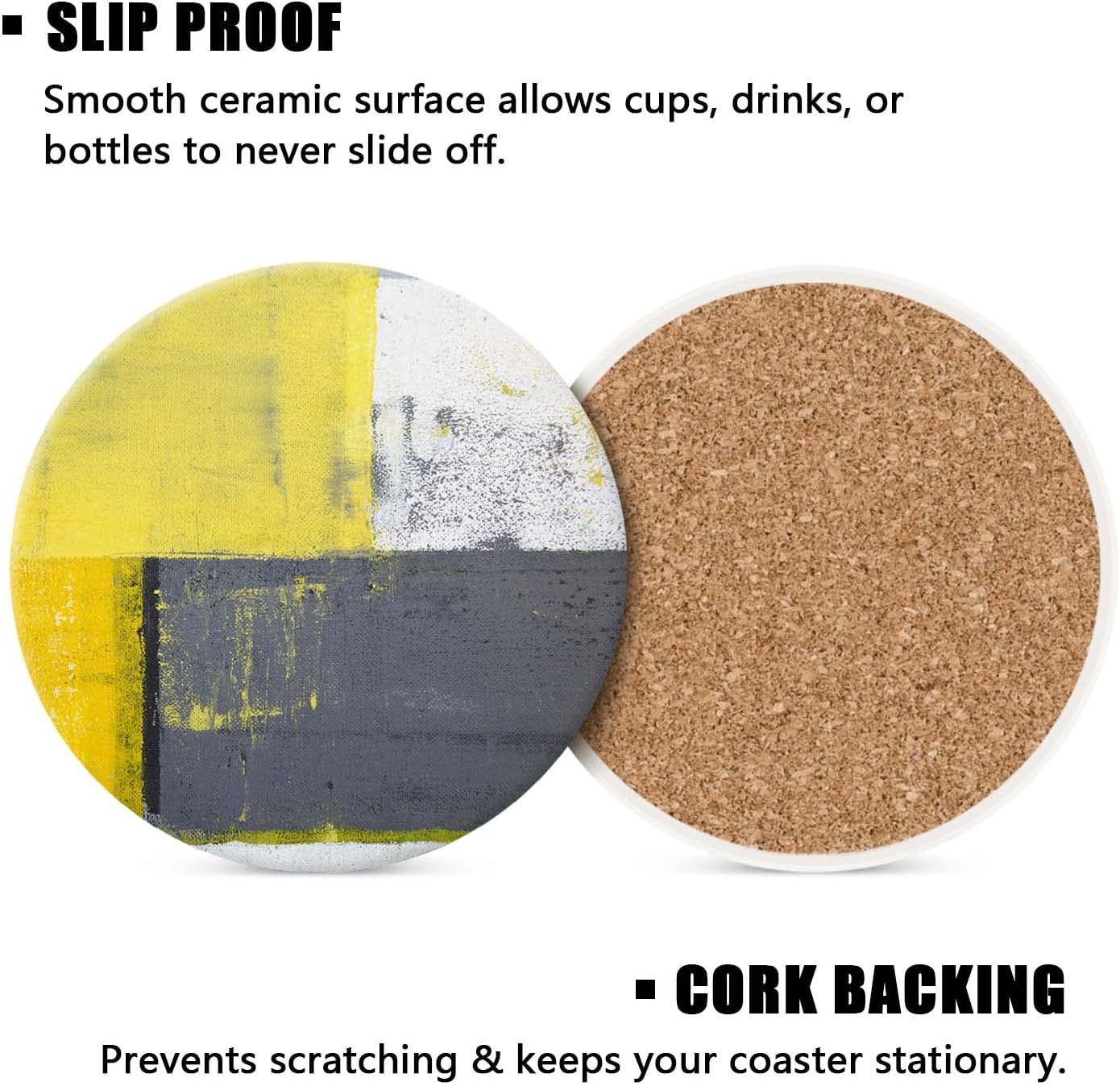 Abstract Yellow Grey Drink Coasters with Holder, Ceramic Absorbent Coaster Sets of 4,Non-Slip Cork Base,Housewarming Gifts