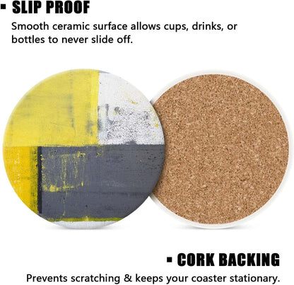 Abstract Yellow Grey Drink Coasters with Holder, Ceramic Absorbent Coaster Sets of 4,Non-Slip Cork Base,Housewarming Gifts