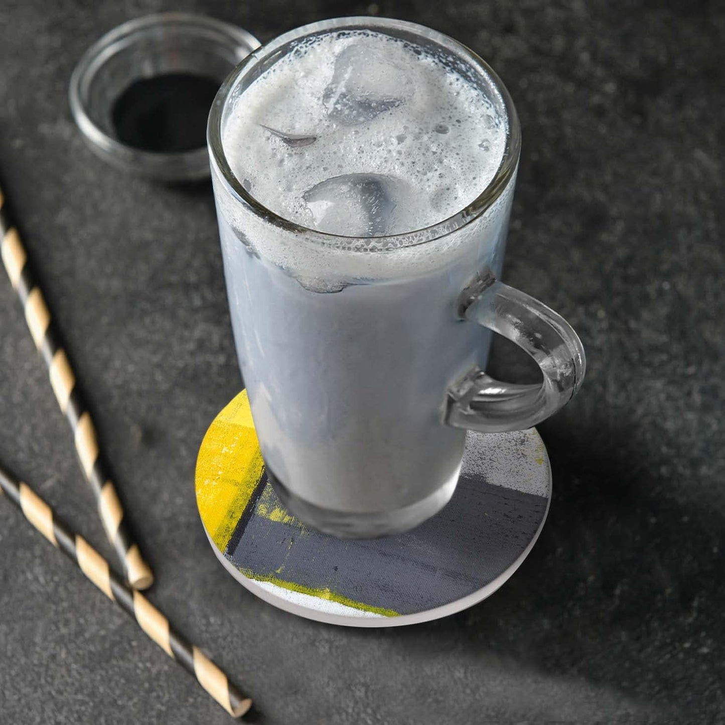 Abstract Yellow Grey Drink Coasters with Holder, Ceramic Absorbent Coaster Sets of 4,Non-Slip Cork Base,Housewarming Gifts