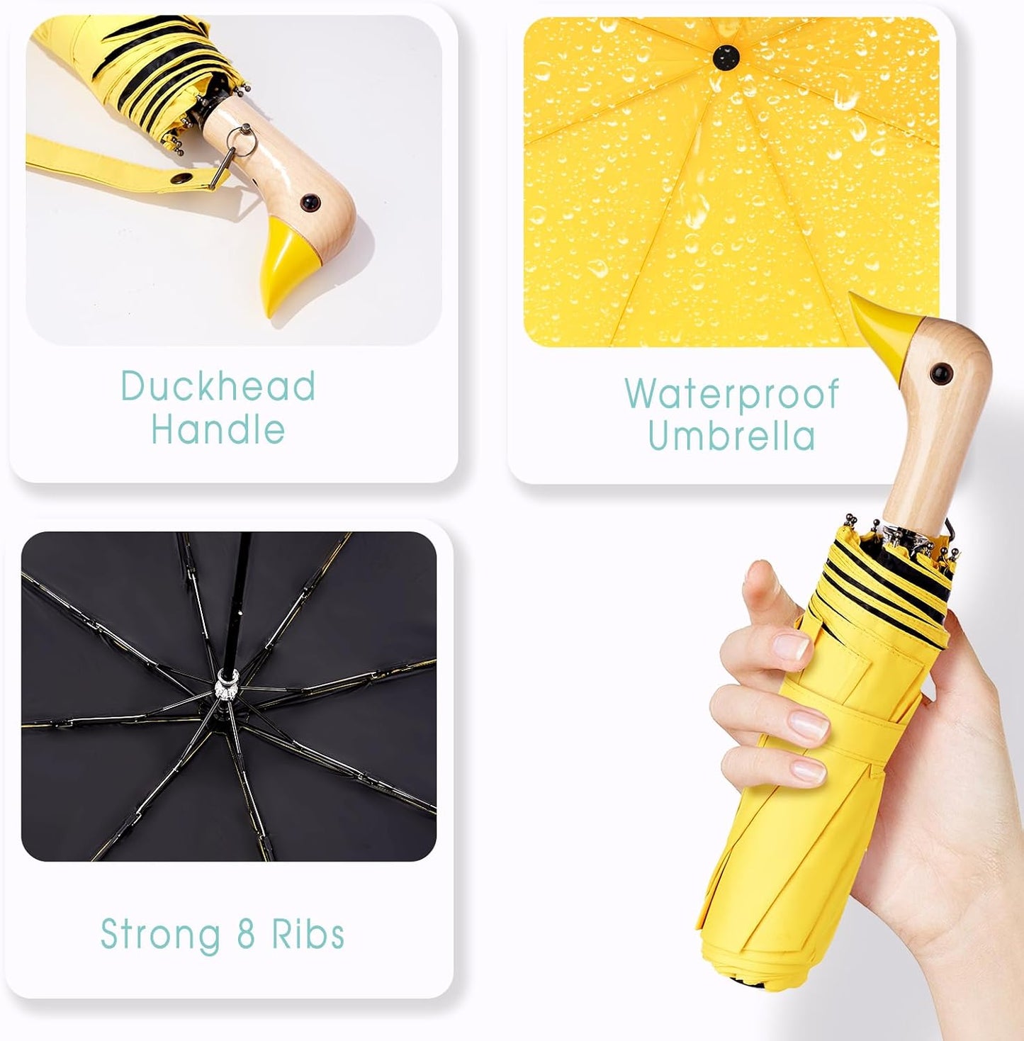 Duck Umbrella - Fun Duck Head Handle, Handy Folding Umbrella for Adults, Travel Ready with Black UV Coating