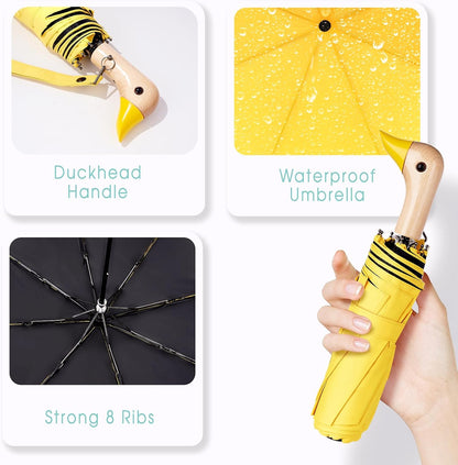 Duck Umbrella - Fun Duck Head Handle, Handy Folding Umbrella for Adults, Travel Ready with Black UV Coating