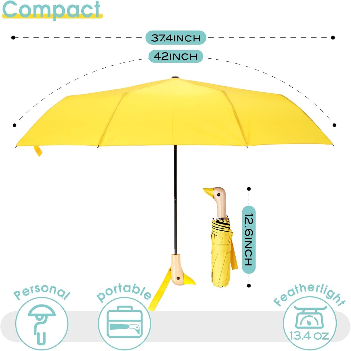 Duck Umbrella - Fun Duck Head Handle, Handy Folding Umbrella for Adults, Travel Ready with Black UV Coating