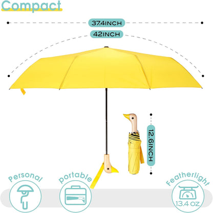 Duck Umbrella - Fun Duck Head Handle, Handy Folding Umbrella for Adults, Travel Ready with Black UV Coating