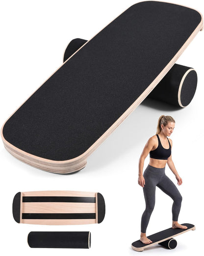 Balance Board for Adults, Surf Trainer with Wooden Roller | 300lbs capacity, non-slip wooden surface, for surfing snowboarding skateboarding yoga, core strength & balance training