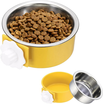 Crate Dog Bowl, Removable Stainless Steel Pet Cage Hanging Anti-Overturn Food Water Feeder Cage Cup (Round, Yellow, 13.2oz), Intended for Puppies/Cat/Rabbit/Bird