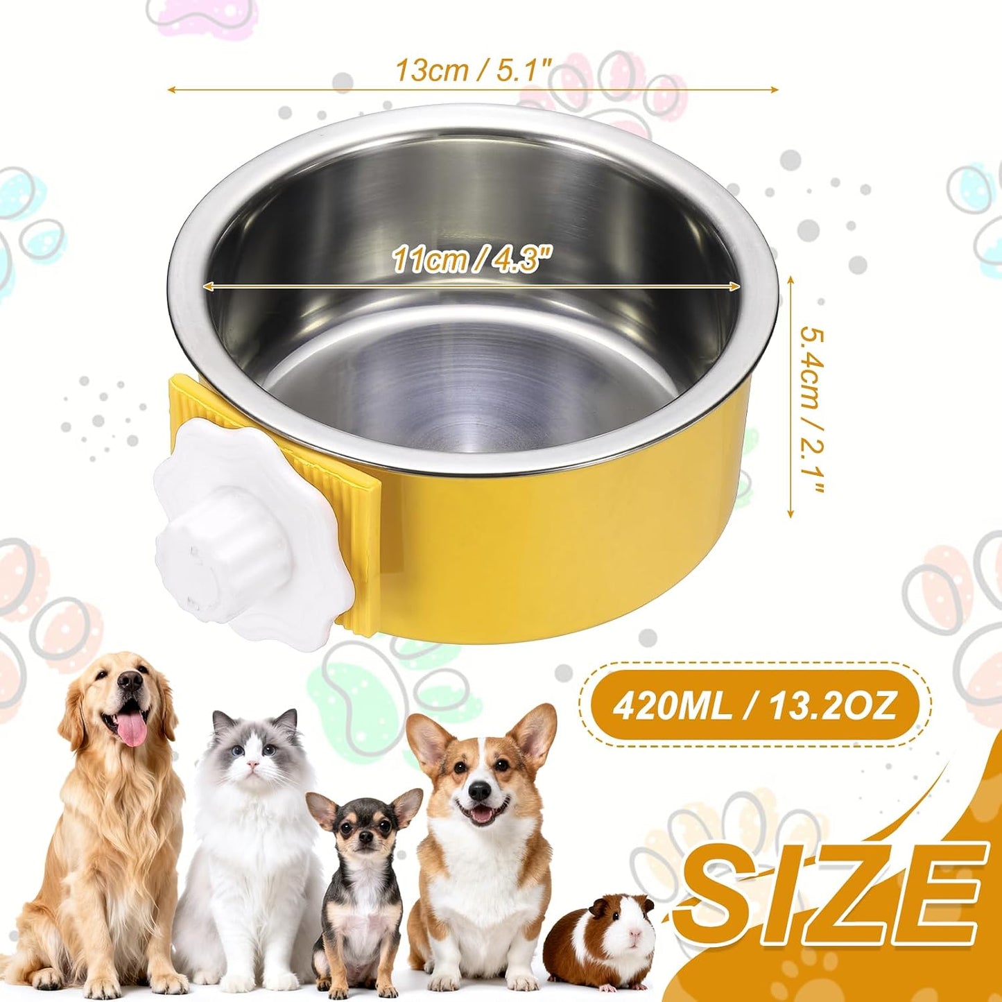 Crate Dog Bowl, Removable Stainless Steel Pet Cage Hanging Anti-Overturn Food Water Feeder Cage Cup (Round, Yellow, 13.2oz), Intended for Puppies/Cat/Rabbit/Bird