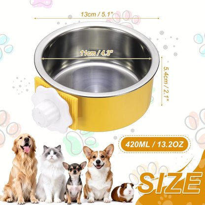 Crate Dog Bowl, Removable Stainless Steel Pet Cage Hanging Anti-Overturn Food Water Feeder Cage Cup (Round, Yellow, 13.2oz), Intended for Puppies/Cat/Rabbit/Bird