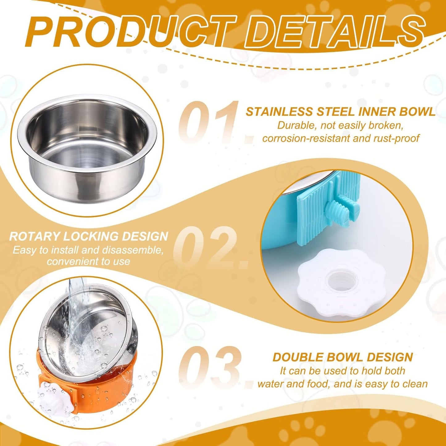 Crate Dog Bowl, Removable Stainless Steel Pet Cage Hanging Anti-Overturn Food Water Feeder Cage Cup (Round, Yellow, 13.2oz), Intended for Puppies/Cat/Rabbit/Bird