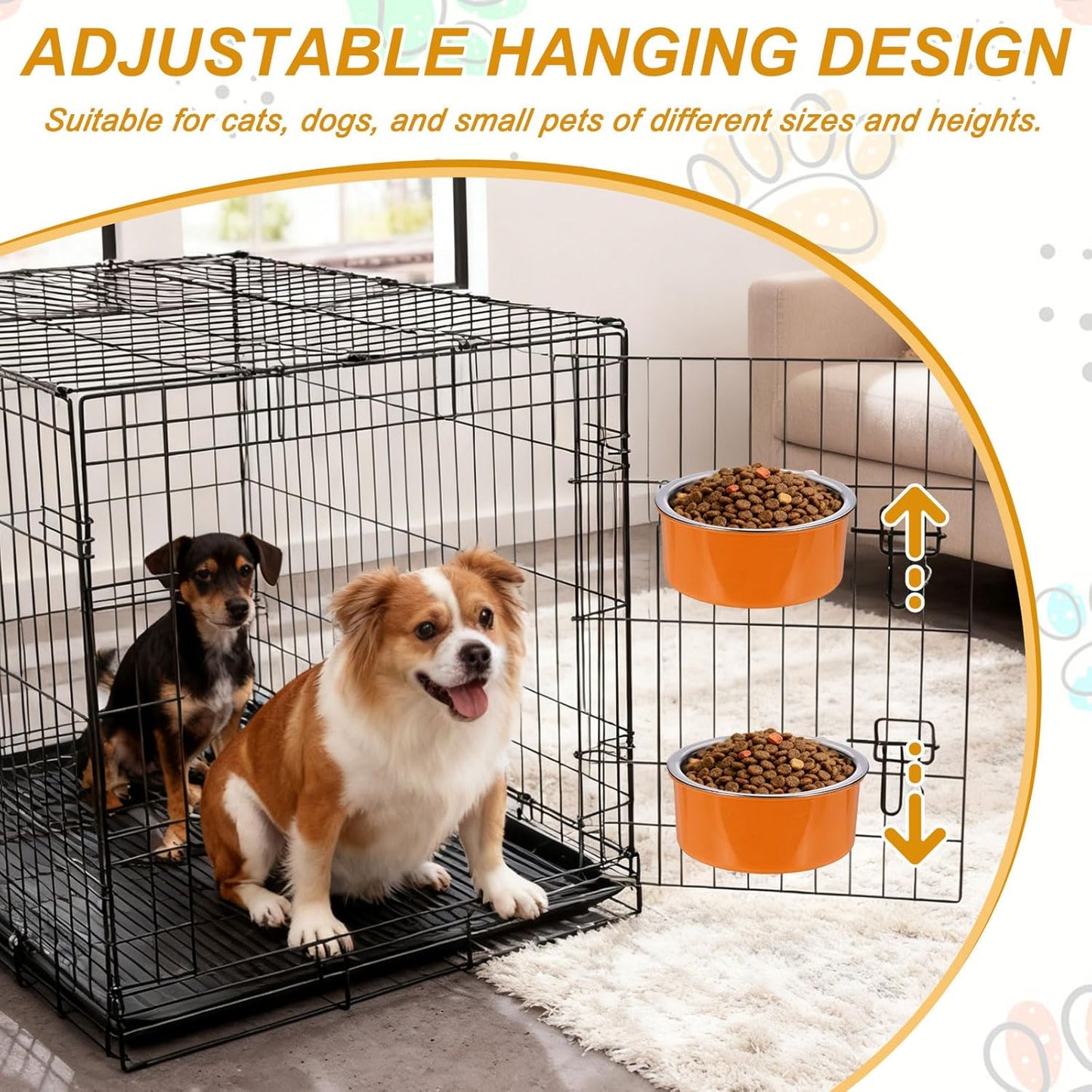Crate Dog Bowl, Removable Stainless Steel Pet Cage Hanging Anti-Overturn Food Water Feeder Cage Cup (Round, Yellow, 13.2oz), Intended for Puppies/Cat/Rabbit/Bird