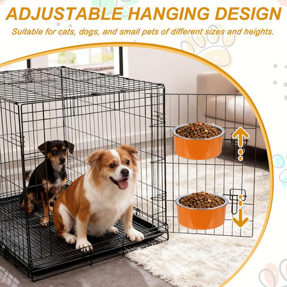 Crate Dog Bowl, Removable Stainless Steel Pet Cage Hanging Anti-Overturn Food Water Feeder Cage Cup (Round, Yellow, 13.2oz), Intended for Puppies/Cat/Rabbit/Bird