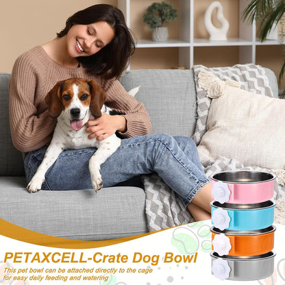 Crate Dog Bowl, Removable Stainless Steel Pet Cage Hanging Anti-Overturn Food Water Feeder Cage Cup (Round, Yellow, 13.2oz), Intended for Puppies/Cat/Rabbit/Bird