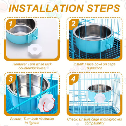 Crate Dog Bowl, Removable Stainless Steel Pet Cage Hanging Anti-Overturn Food Water Feeder Cage Cup (Round, Yellow, 13.2oz), Intended for Puppies/Cat/Rabbit/Bird
