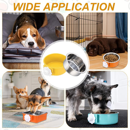Crate Dog Bowl, Removable Stainless Steel Pet Cage Hanging Anti-Overturn Food Water Feeder Cage Cup (Round, Yellow, 13.2oz), Intended for Puppies/Cat/Rabbit/Bird