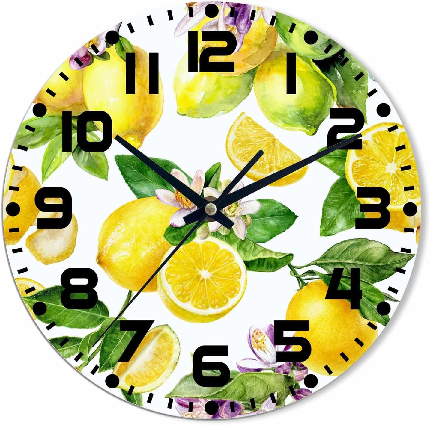 Lemon Wall Clock 10 inch Round Green Leaf Lemon Pattern Silent Non Ticking Wood Wall Clocks Battery Operated Easy to Read Decorative Wall Clock for Bedroom Kitchen Living Room Bathroom
