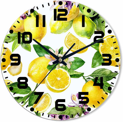 Lemon Wall Clock 10 inch Round Green Leaf Lemon Pattern Silent Non Ticking Wood Wall Clocks Battery Operated Easy to Read Decorative Wall Clock for Bedroom Kitchen Living Room Bathroom