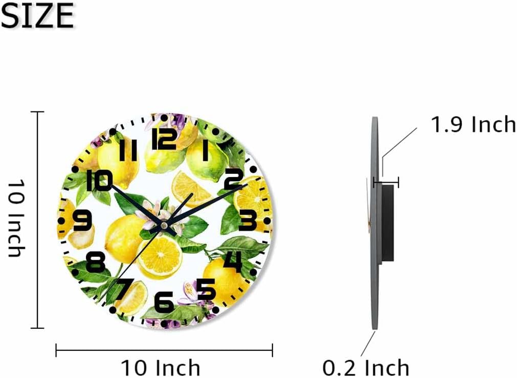 Lemon Wall Clock 10 inch Round Green Leaf Lemon Pattern Silent Non Ticking Wood Wall Clocks Battery Operated Easy to Read Decorative Wall Clock for Bedroom Kitchen Living Room Bathroom