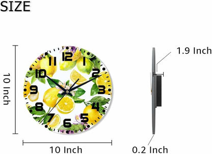 Lemon Wall Clock 10 inch Round Green Leaf Lemon Pattern Silent Non Ticking Wood Wall Clocks Battery Operated Easy to Read Decorative Wall Clock for Bedroom Kitchen Living Room Bathroom