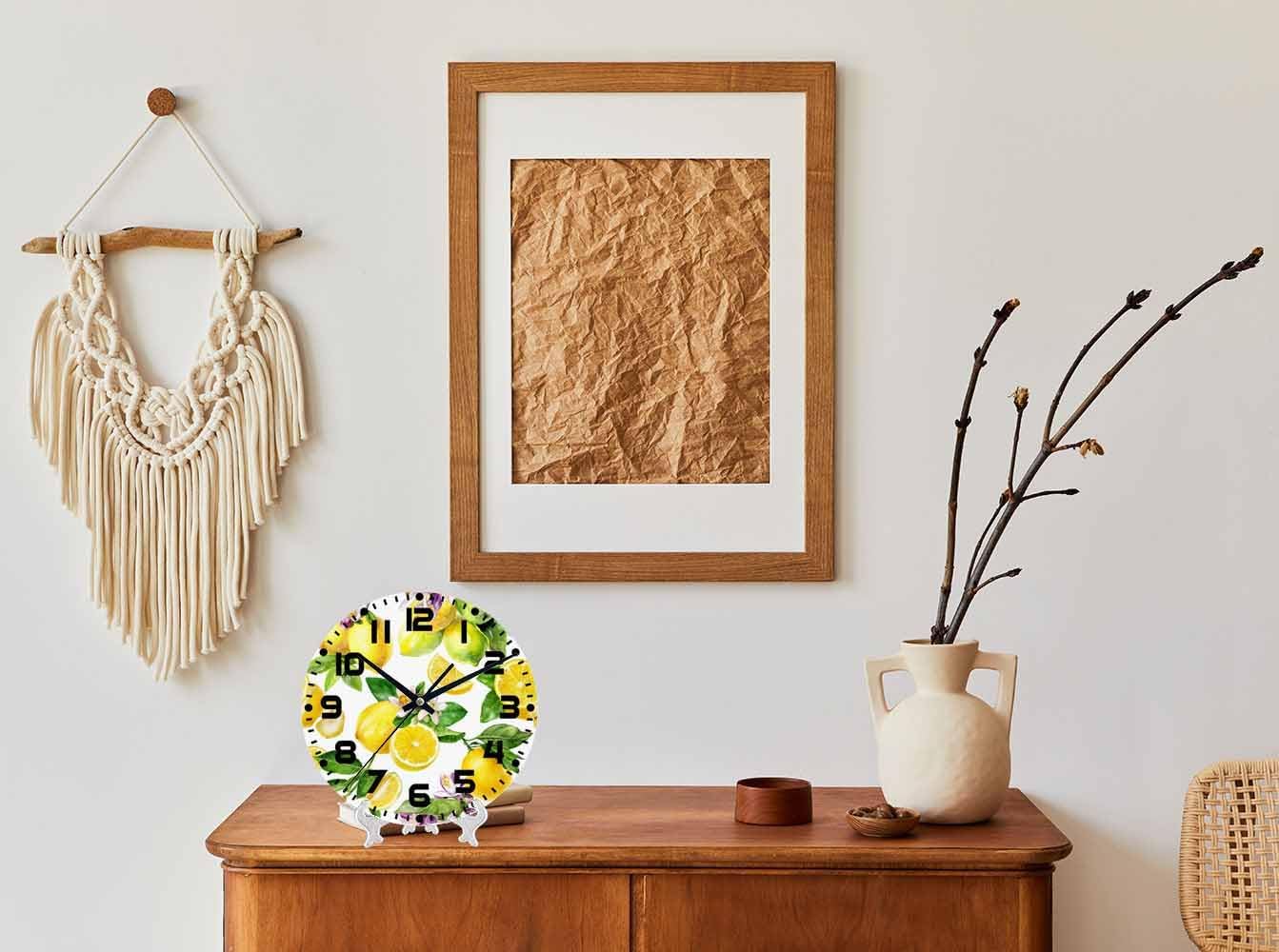 Lemon Wall Clock 10 inch Round Green Leaf Lemon Pattern Silent Non Ticking Wood Wall Clocks Battery Operated Easy to Read Decorative Wall Clock for Bedroom Kitchen Living Room Bathroom