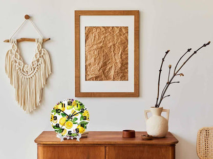 Lemon Wall Clock 10 inch Round Green Leaf Lemon Pattern Silent Non Ticking Wood Wall Clocks Battery Operated Easy to Read Decorative Wall Clock for Bedroom Kitchen Living Room Bathroom
