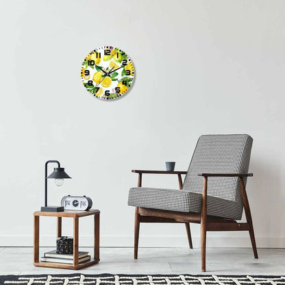 Lemon Wall Clock 10 inch Round Green Leaf Lemon Pattern Silent Non Ticking Wood Wall Clocks Battery Operated Easy to Read Decorative Wall Clock for Bedroom Kitchen Living Room Bathroom