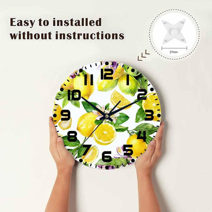 Lemon Wall Clock 10 inch Round Green Leaf Lemon Pattern Silent Non Ticking Wood Wall Clocks Battery Operated Easy to Read Decorative Wall Clock for Bedroom Kitchen Living Room Bathroom