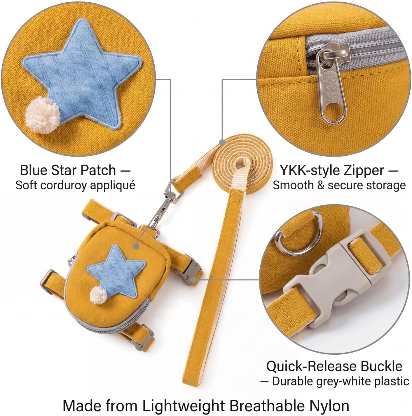 Pet Backpack Harness with Leash for Dogs and Cats, Adjustable Vest with Storage Pocket, Poop Bag Dispenser, Soft Breathable Nylon for Small Medium Pets Walking Hiking Travel (Yellow)