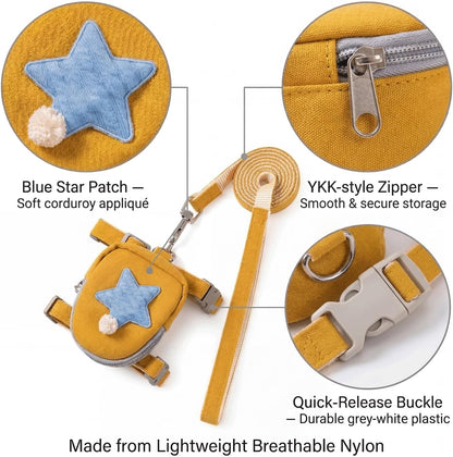 Pet Backpack Harness with Leash for Dogs and Cats, Adjustable Vest with Storage Pocket, Poop Bag Dispenser, Soft Breathable Nylon for Small Medium Pets Walking Hiking Travel (Yellow)