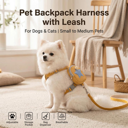 Pet Backpack Harness with Leash for Dogs and Cats, Adjustable Vest with Storage Pocket, Poop Bag Dispenser, Soft Breathable Nylon for Small Medium Pets Walking Hiking Travel (Yellow)