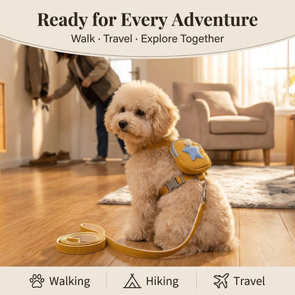 Pet Backpack Harness with Leash for Dogs and Cats, Adjustable Vest with Storage Pocket, Poop Bag Dispenser, Soft Breathable Nylon for Small Medium Pets Walking Hiking Travel (Yellow)